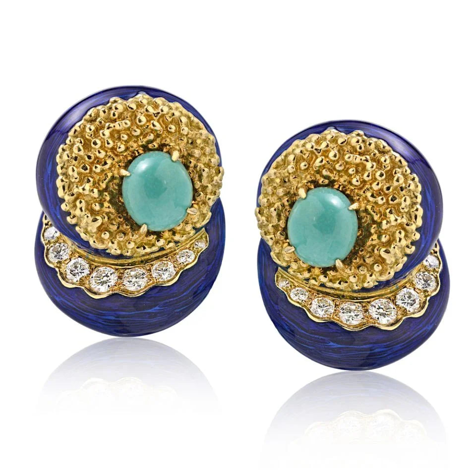 14K Yellow Gold Enamel,Turquoise & Diamond Earrings - The Back Vault