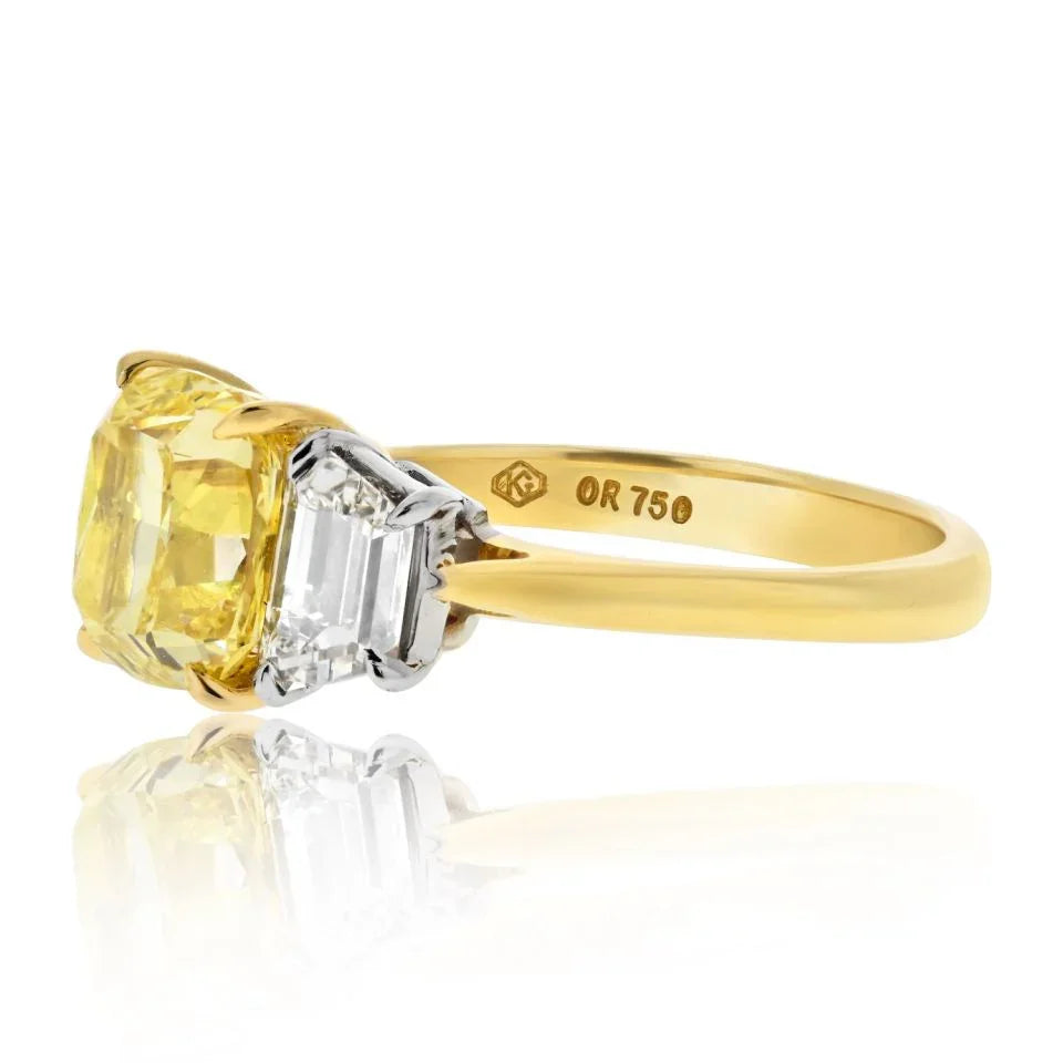 3 carat Cushion Cut Diamond GIA 3.03ct Fancy Vivid Yellow Cushion Cut Three Stone Ring - The Back Vault