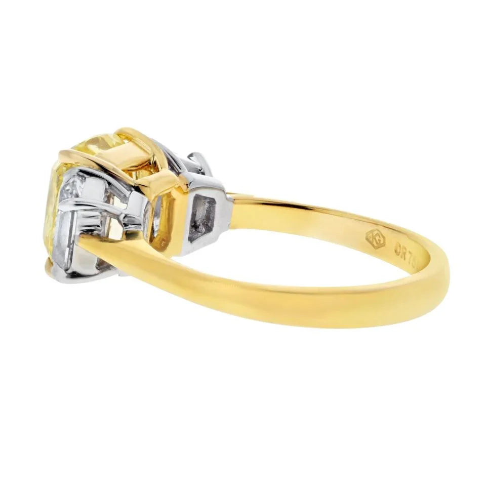 3 carat Cushion Cut Diamond GIA 3.03ct Fancy Vivid Yellow Cushion Cut Three Stone Ring - The Back Vault
