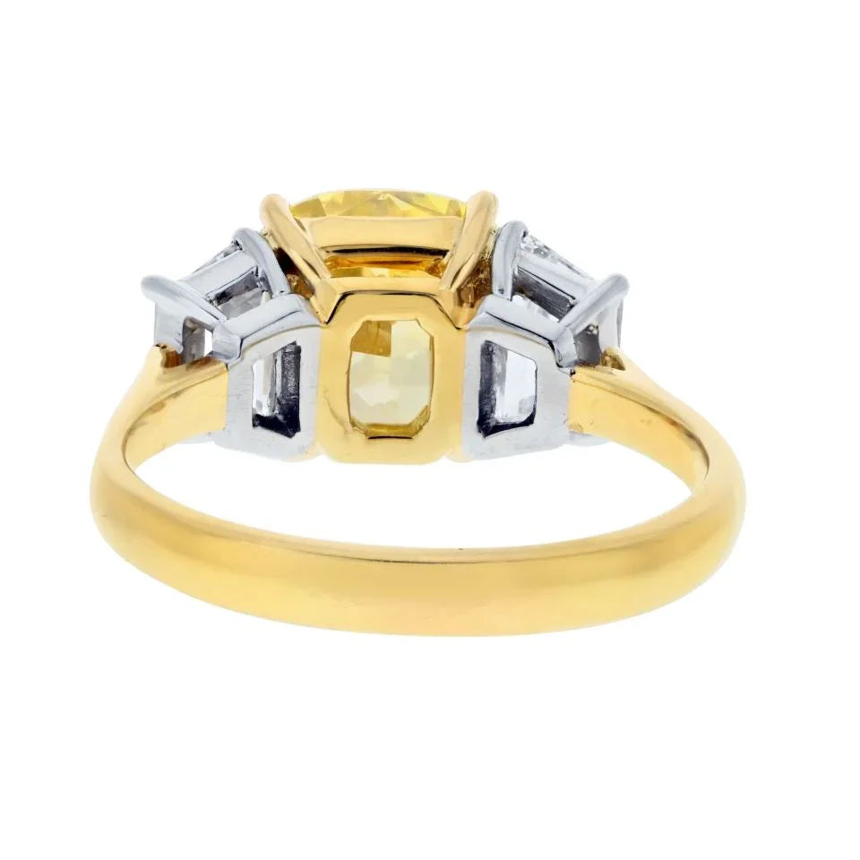 3 carat Cushion Cut Diamond GIA 3.03ct Fancy Vivid Yellow Cushion Cut Three Stone Ring - The Back Vault