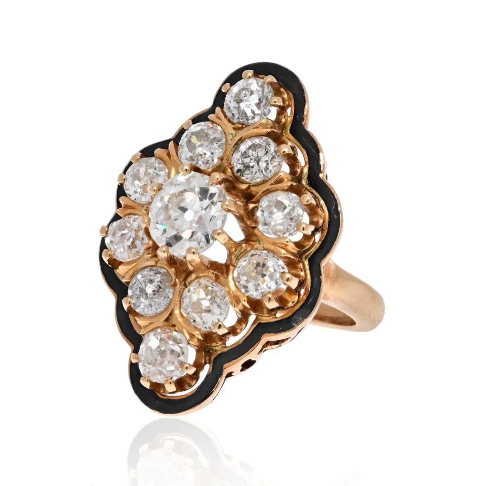 14K Yellow Gold Old European Diamond Cluster Navette Ring - The Back Vault