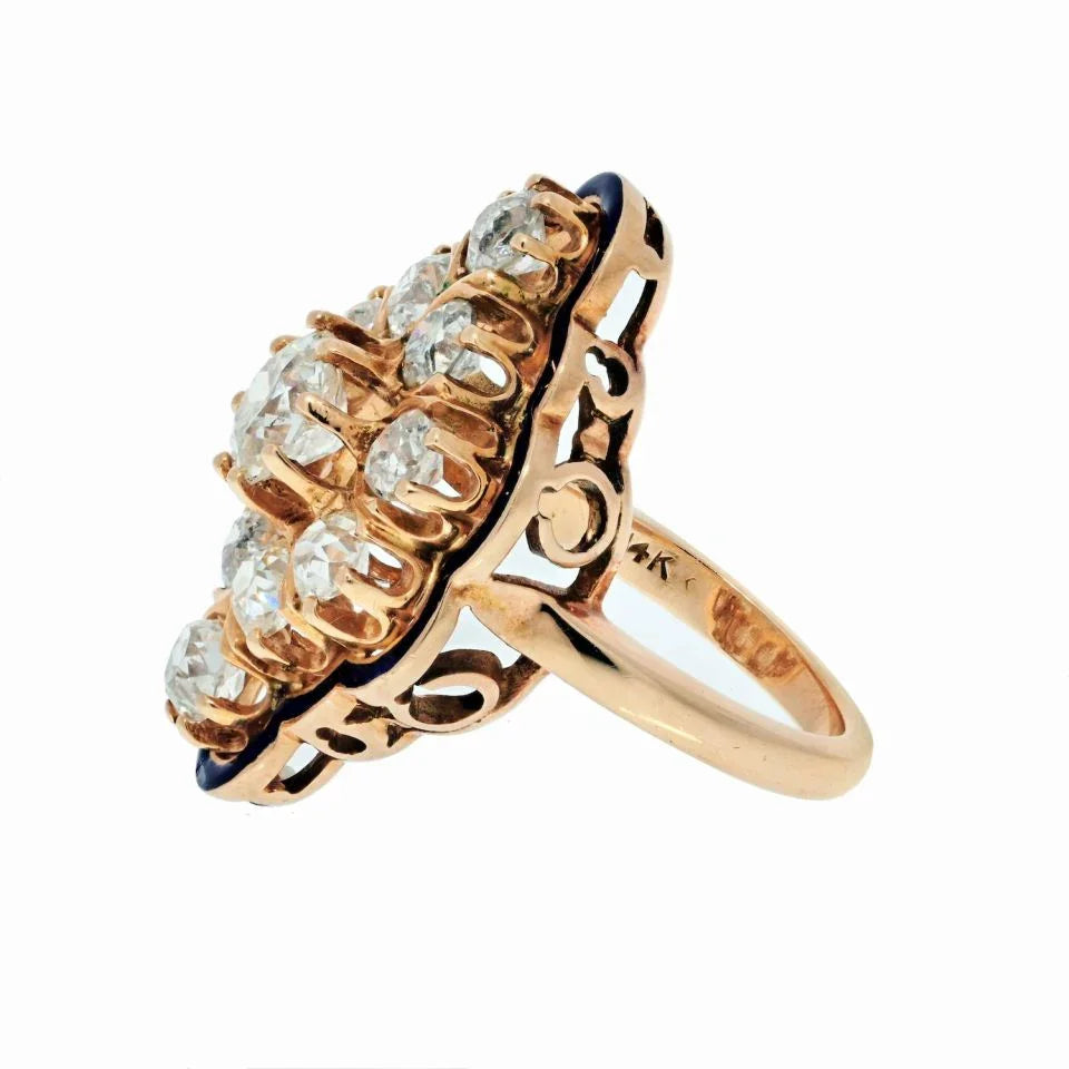 14K Yellow Gold Old European Diamond Cluster Navette Ring - The Back Vault