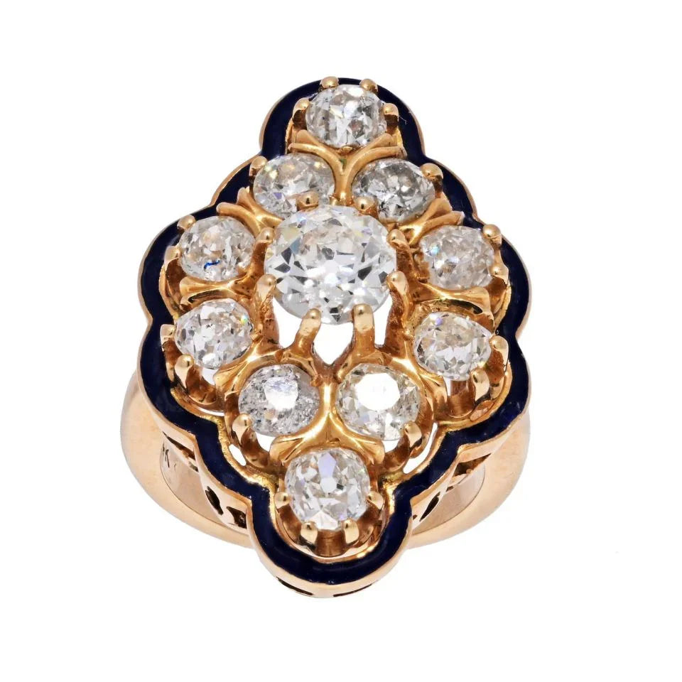 14K Yellow Gold Old European Diamond Cluster Navette Ring - The Back Vault