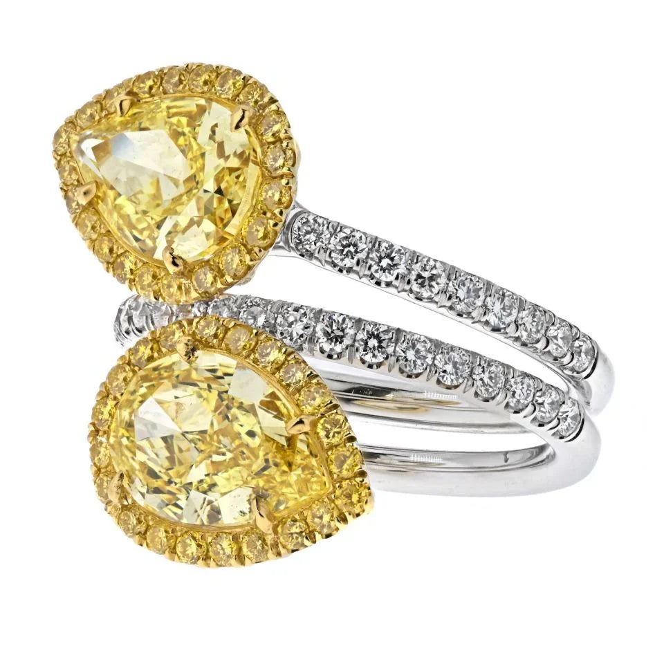 4.01cttw Fancy Yellow Intense Two Stone Pear Cut Diamond Halo Ring - The Back Vault