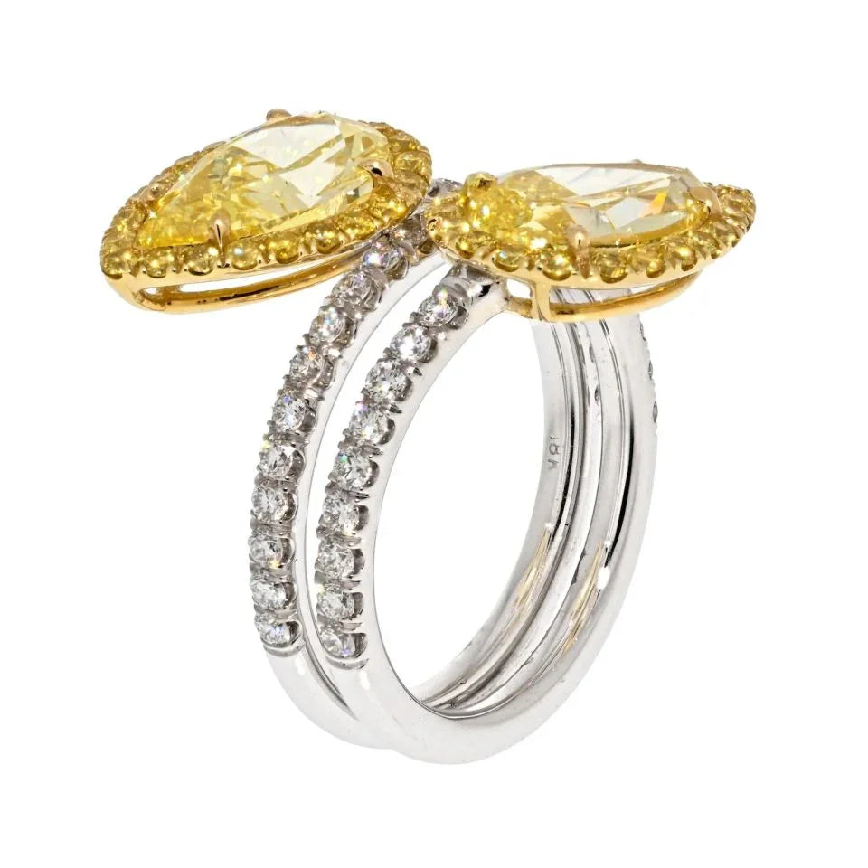 4.01cttw Fancy Yellow Intense Two Stone Pear Cut Diamond Halo Ring - The Back Vault