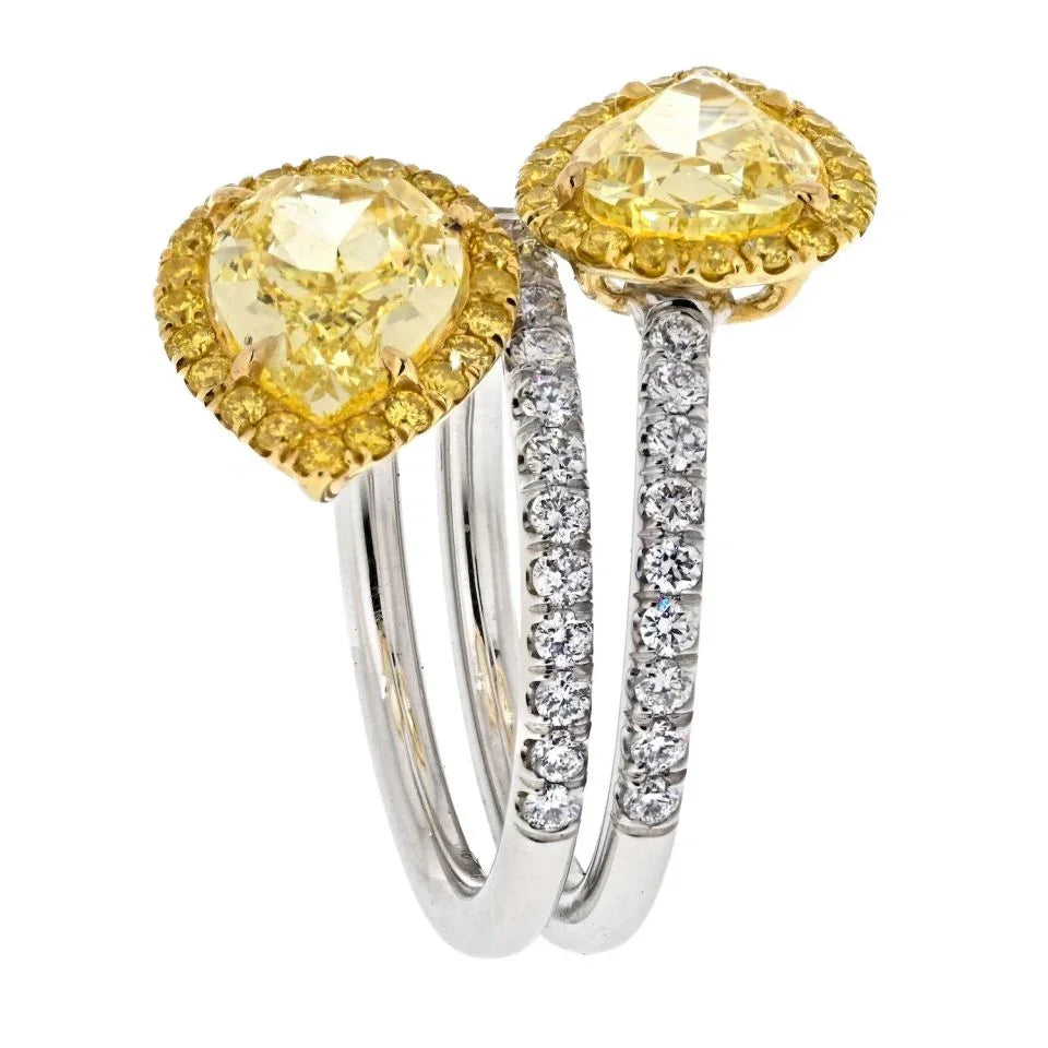 4.01cttw Fancy Yellow Intense Two Stone Pear Cut Diamond Halo Ring - The Back Vault