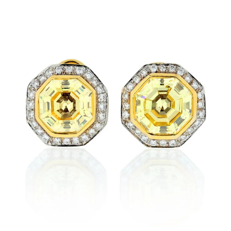18K Yellow Gold 9.62 Carat Fancy Yellow Halo Set Stud Earrings - The Back Vault