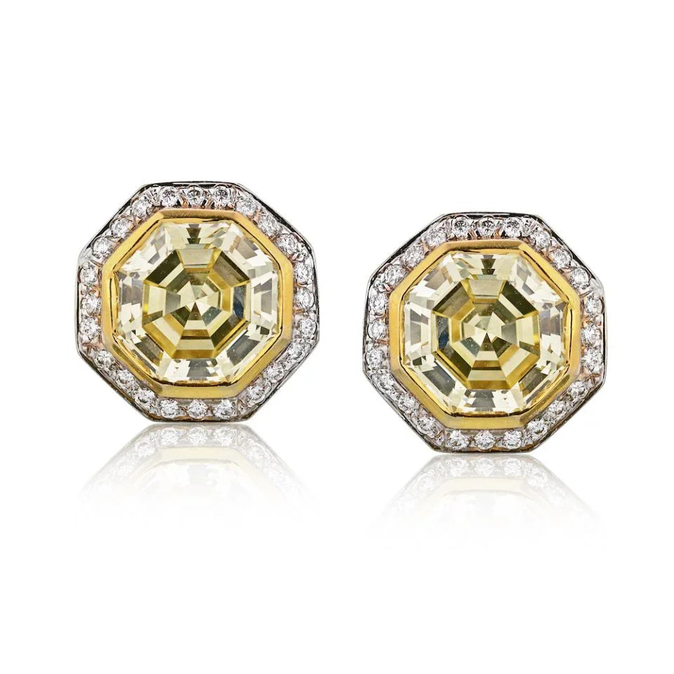 18K Yellow Gold 9.62 Carat Fancy Yellow Halo Set Stud Earrings - The Back Vault