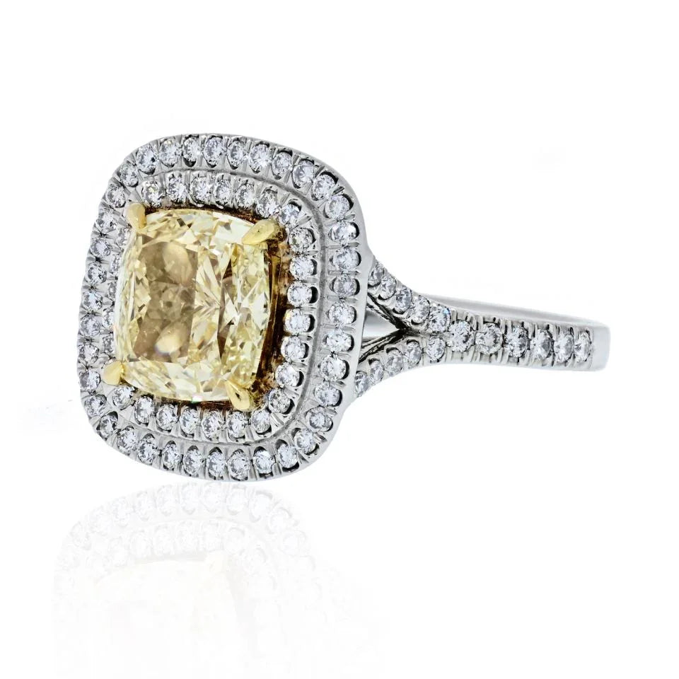 2 carat Cushion Cut Fancy Yellow Diamond Double Halo GIA Engagement Ring - The Back Vault