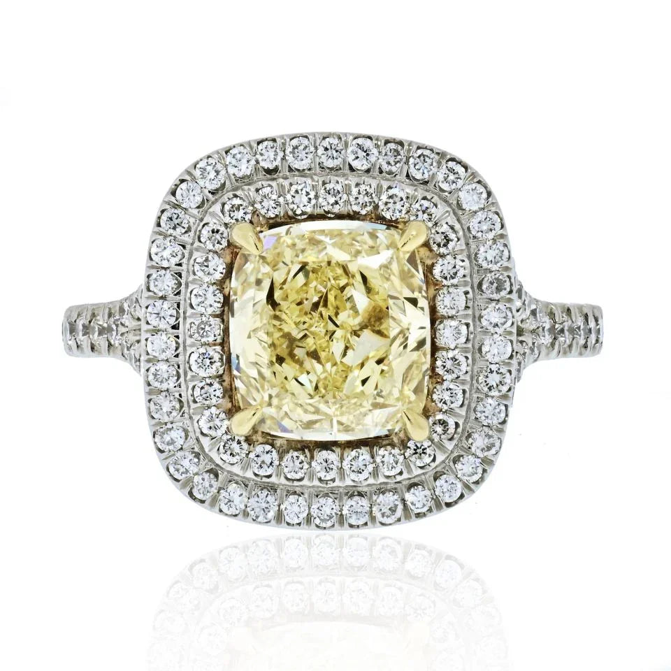 2 carat Cushion Cut Fancy Yellow Diamond Double Halo GIA Engagement Ring - The Back Vault