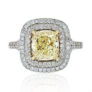 2 carat Cushion Cut Fancy Yellow Diamond Double Halo GIA Engagement Ring