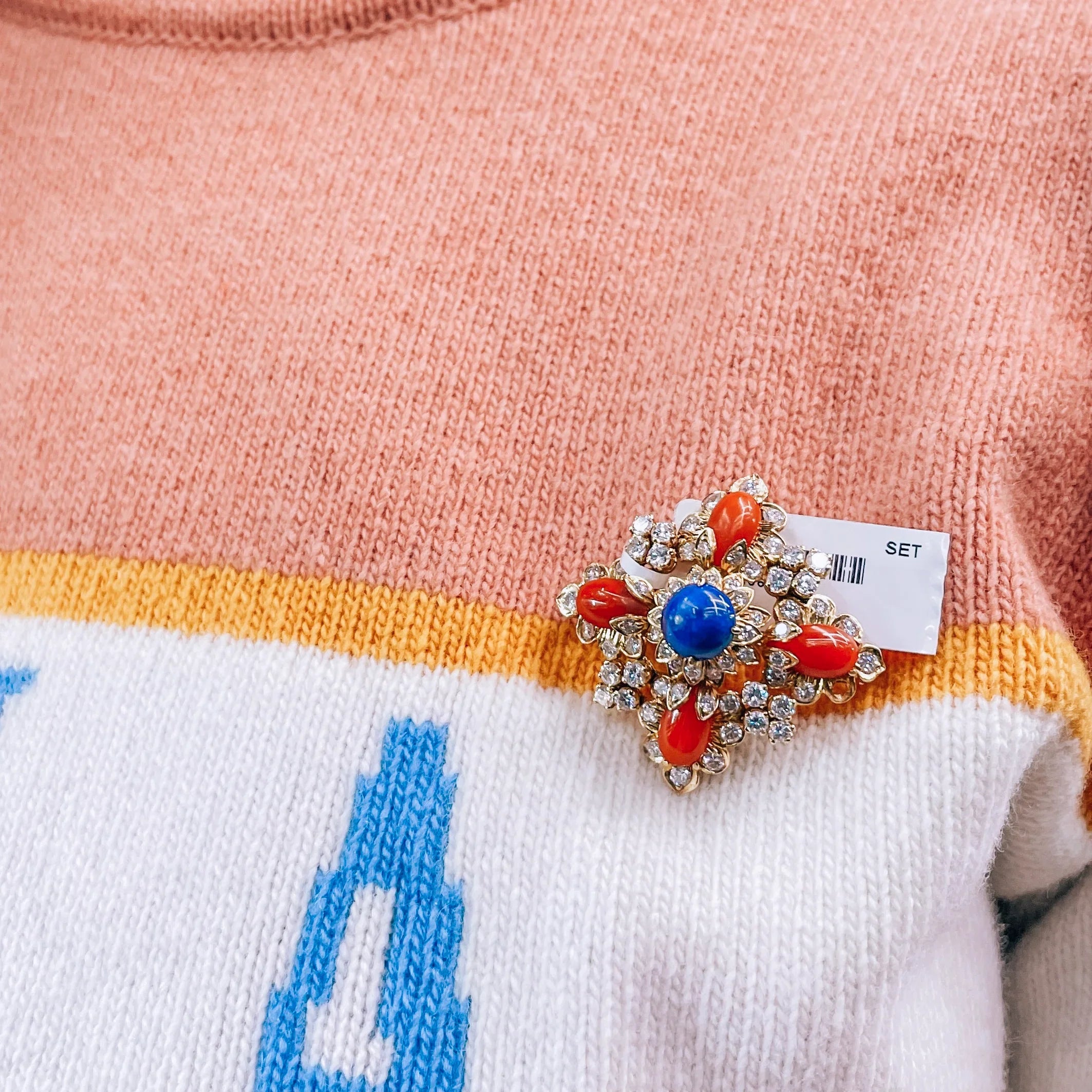 1970's 18K Yellow Gold Lapis, Coral & Diamond Brooch And Earrings Jewelry Set - The Back Vault