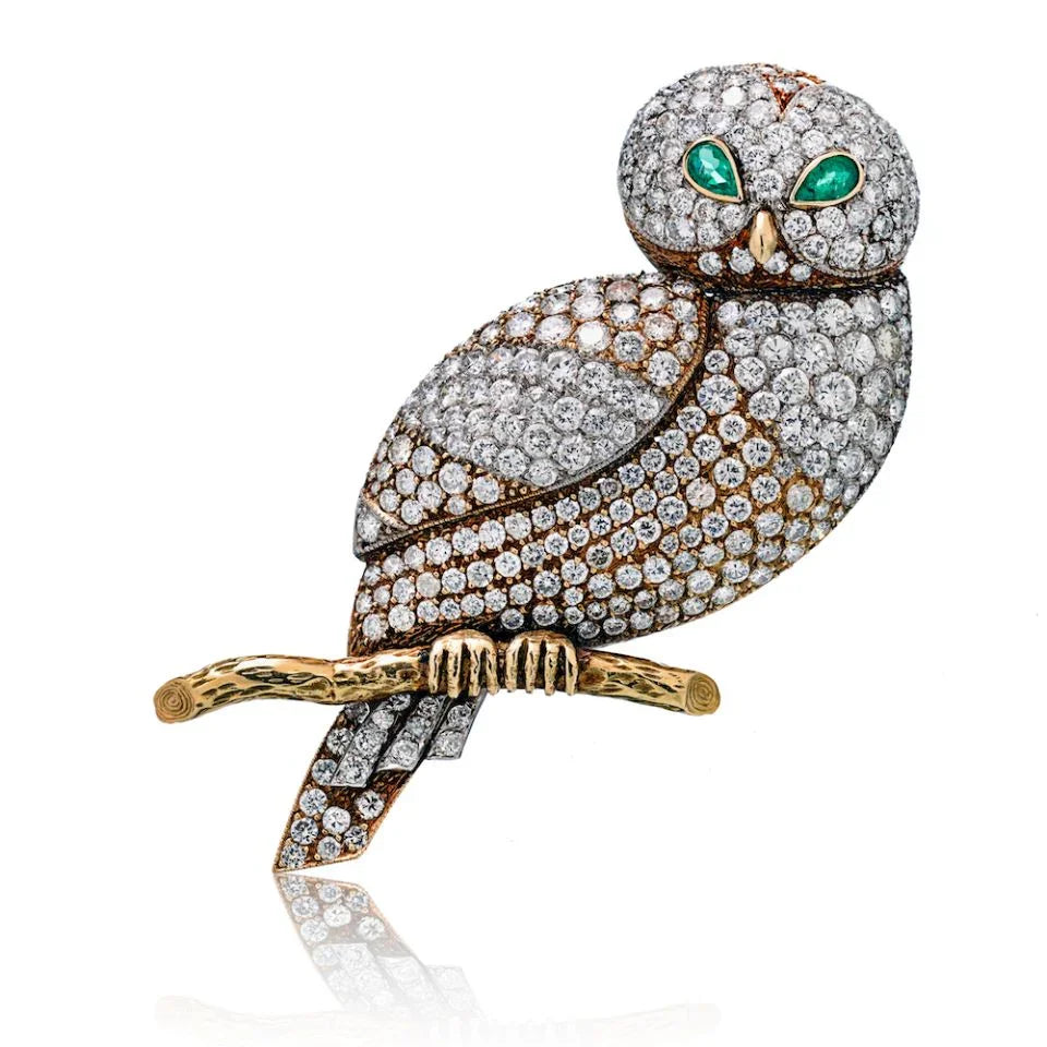 18K Yellow Gold French Owl Diamond Brooch - The Back Vault