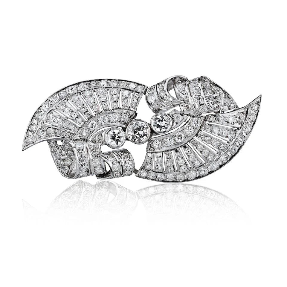 Art Deco Platinum Old European Cut Diamond Double Clip Brooch - The Back Vault