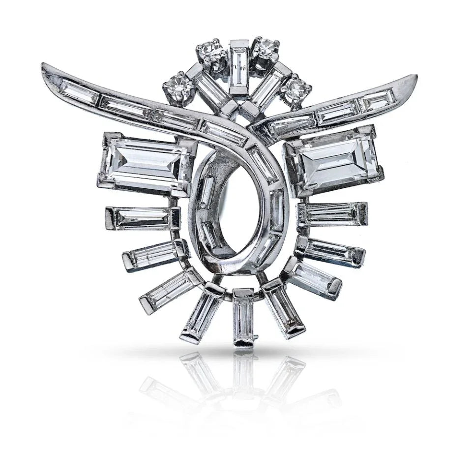 Platinum Round, Emerald Cuts, Baguette Cuts Diamond Brooch - The Back Vault