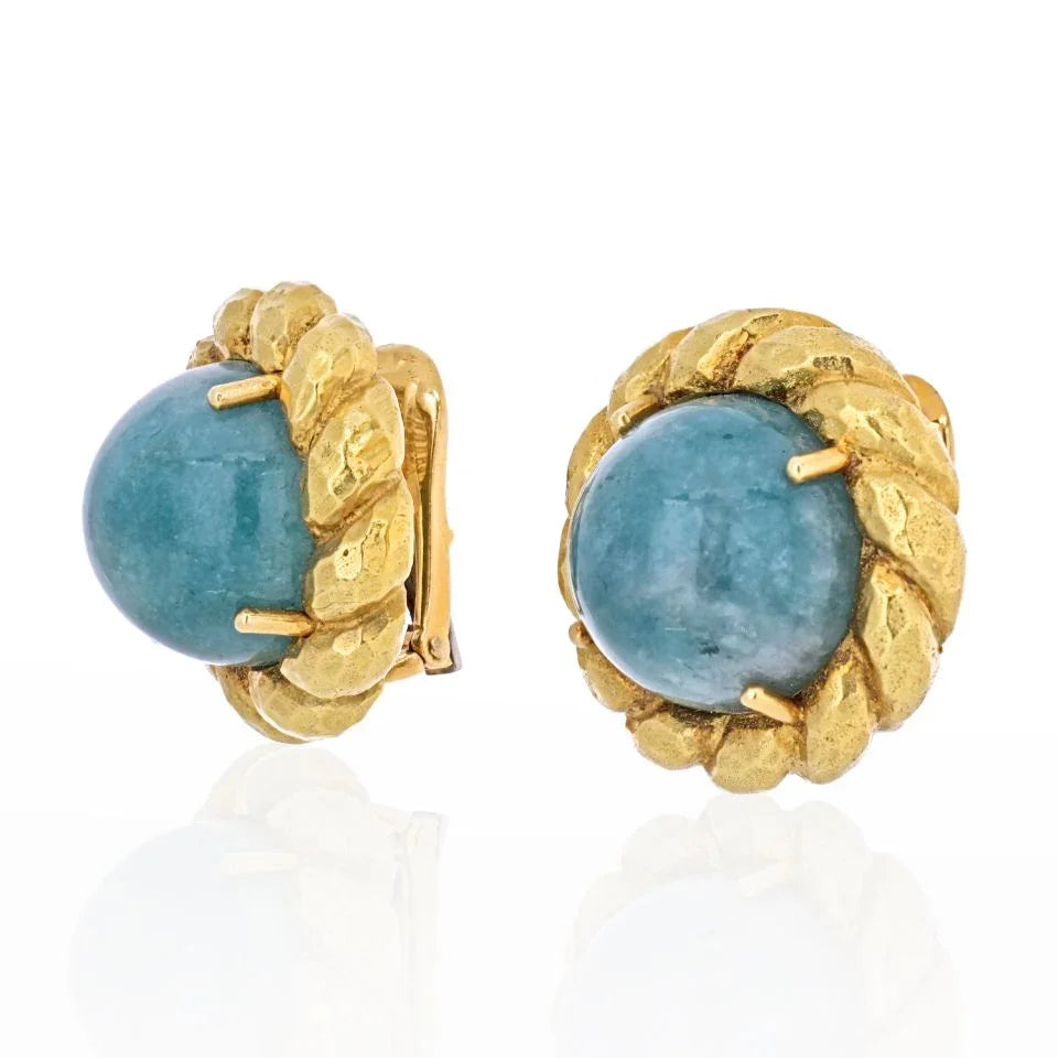 David Webb Circa 1970's 18K Yellow Gold Round Cabochon Green Emerald Earrings - The Back Vault
