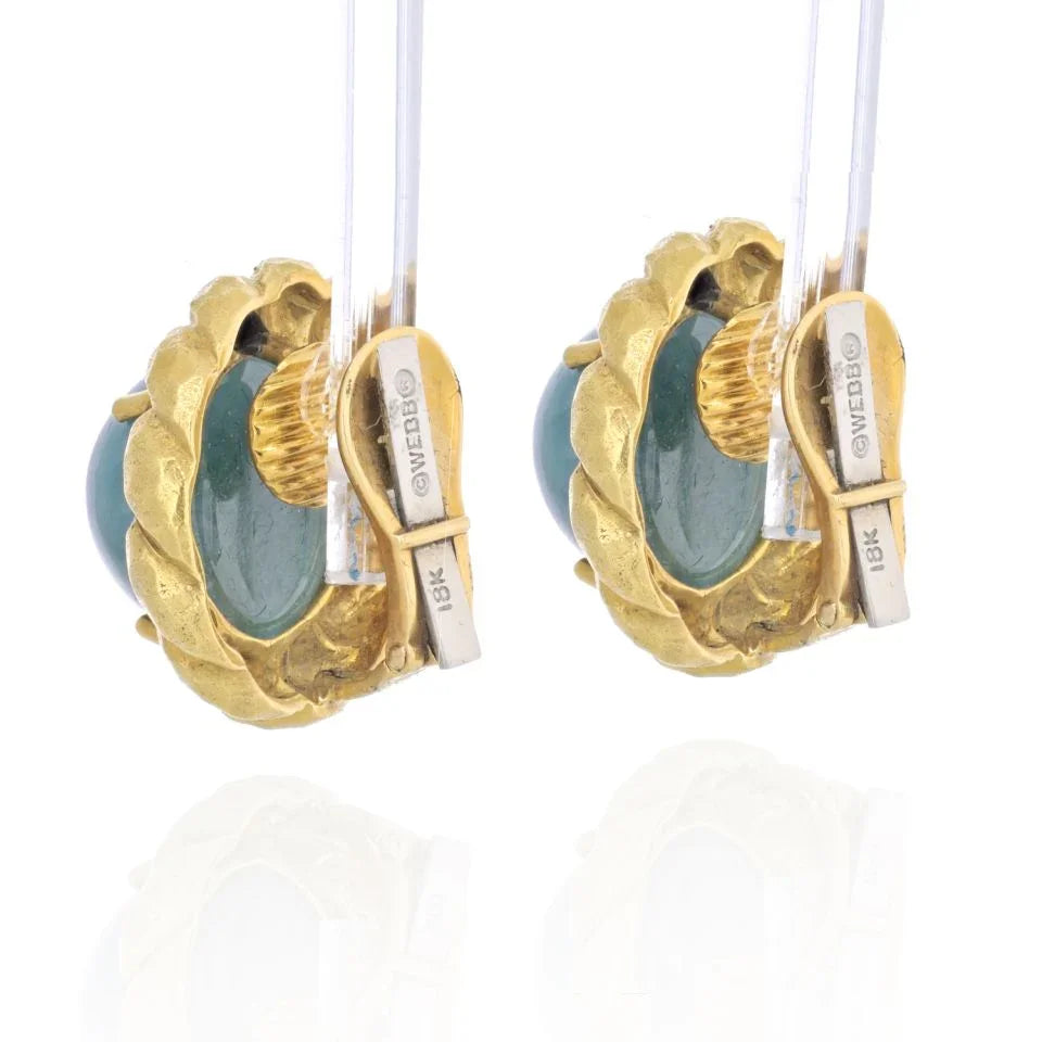 David Webb Circa 1970's 18K Yellow Gold Round Cabochon Green Emerald Earrings - The Back Vault