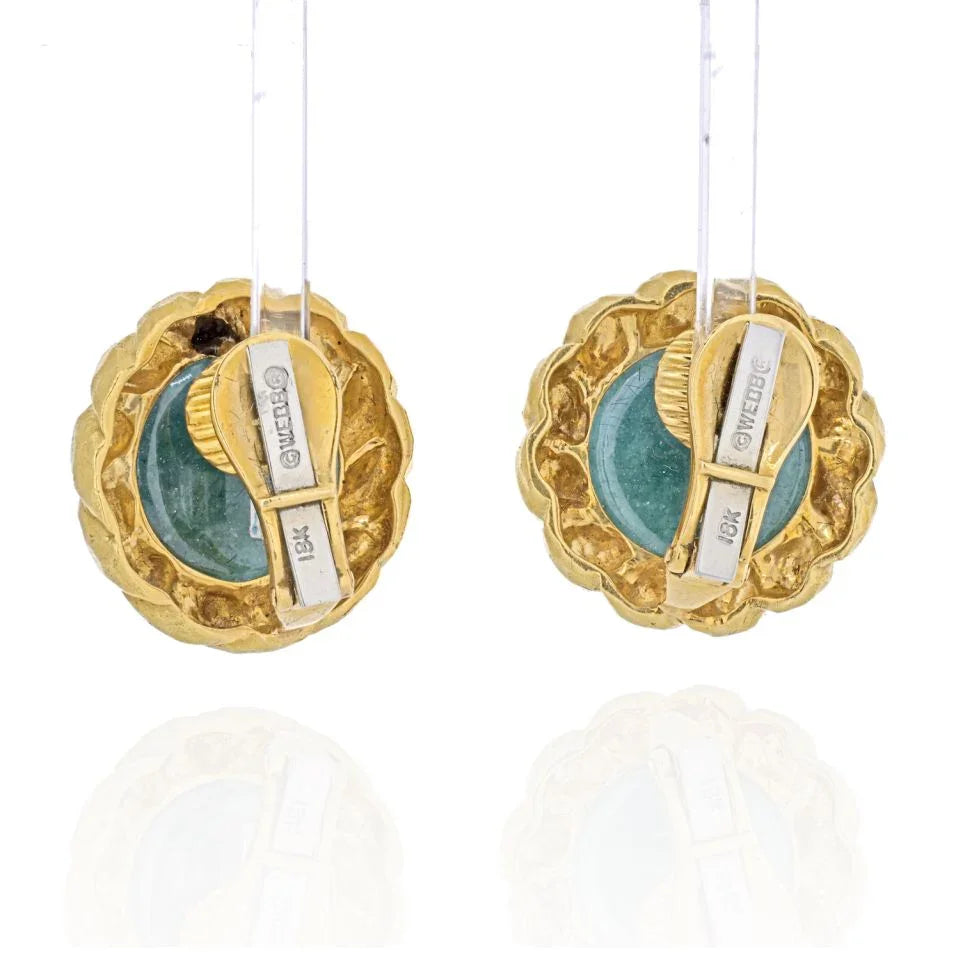 David Webb Circa 1970's 18K Yellow Gold Round Cabochon Green Emerald Earrings - The Back Vault