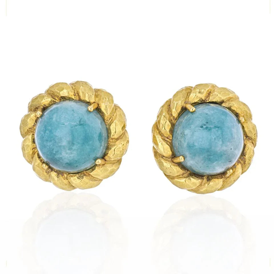 David Webb Circa 1970's 18K Yellow Gold Round Cabochon Green Emerald Earrings - The Back Vault