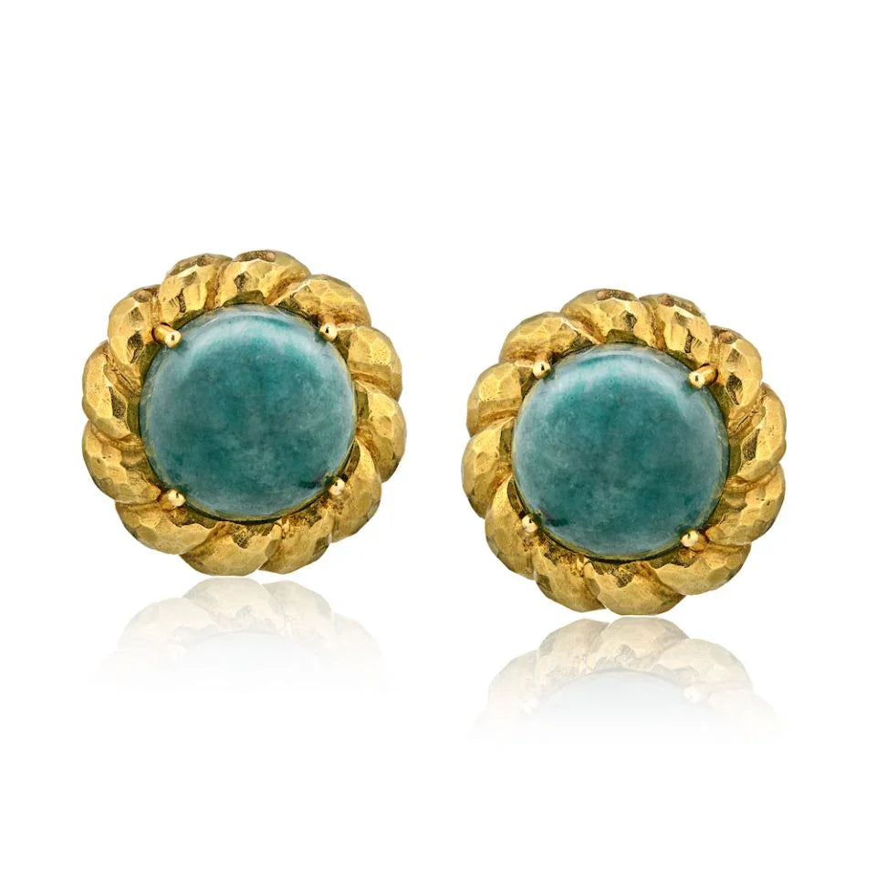 David Webb Circa 1970's 18K Yellow Gold Round Cabochon Green Emerald Earrings - The Back Vault