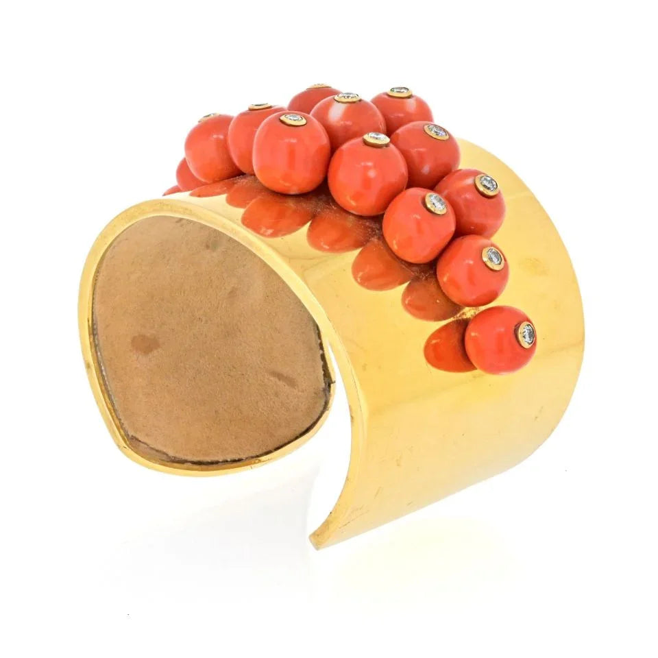 Circa 1960's 18K Yellow Gold Coral and Diamond Cuff Bangle Bracelet - The Back Vault