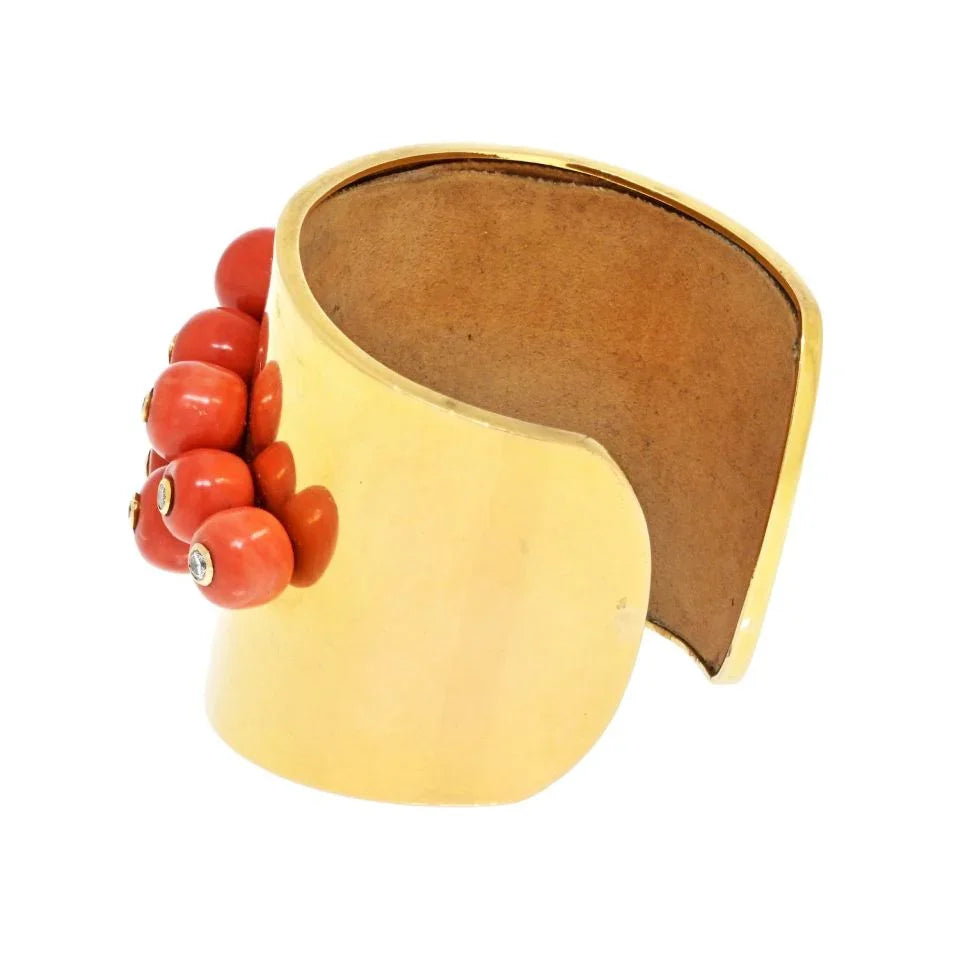 Circa 1960's 18K Yellow Gold Coral and Diamond Cuff Bangle Bracelet - The Back Vault