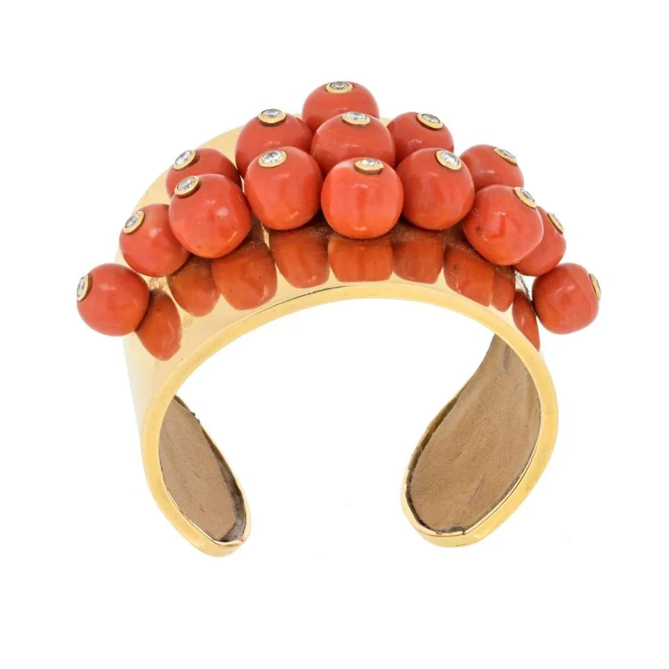 Circa 1960's 18K Yellow Gold Coral and Diamond Cuff Bangle Bracelet - The Back Vault
