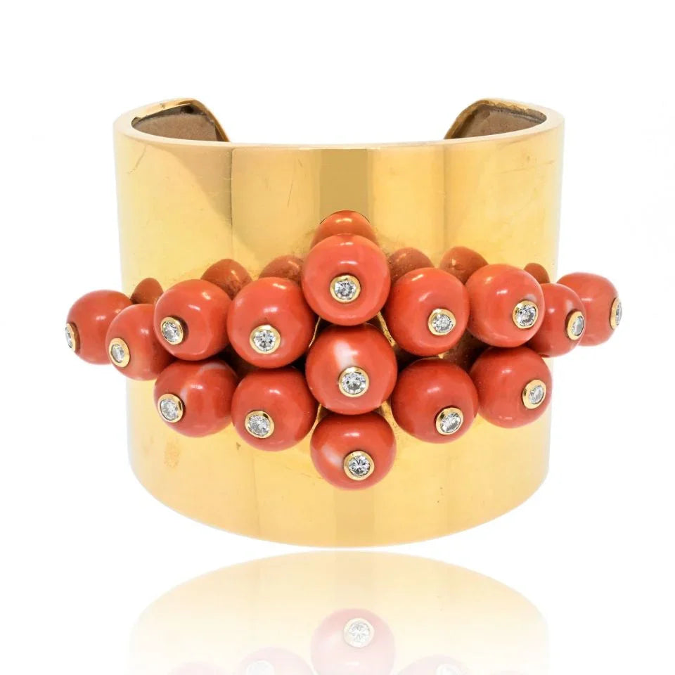 Circa 1960's 18K Yellow Gold Coral and Diamond Cuff Bangle Bracelet - The Back Vault