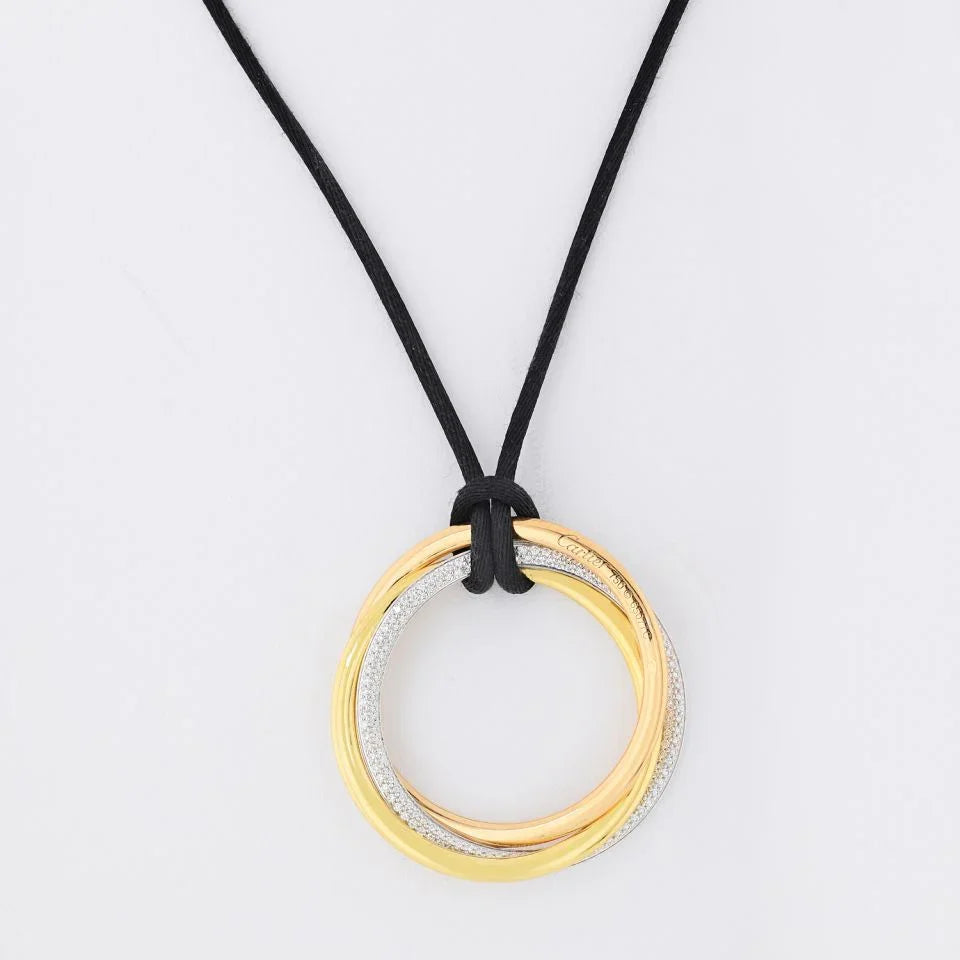 Cartier Trinity 18K Tri Color Pave Diamond Circles on Cord Pendant - The Back Vault