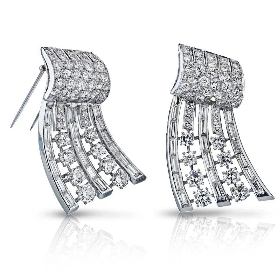 Art Deco Platinum 1930's Diamond Double Clip Brooch - The Back Vault