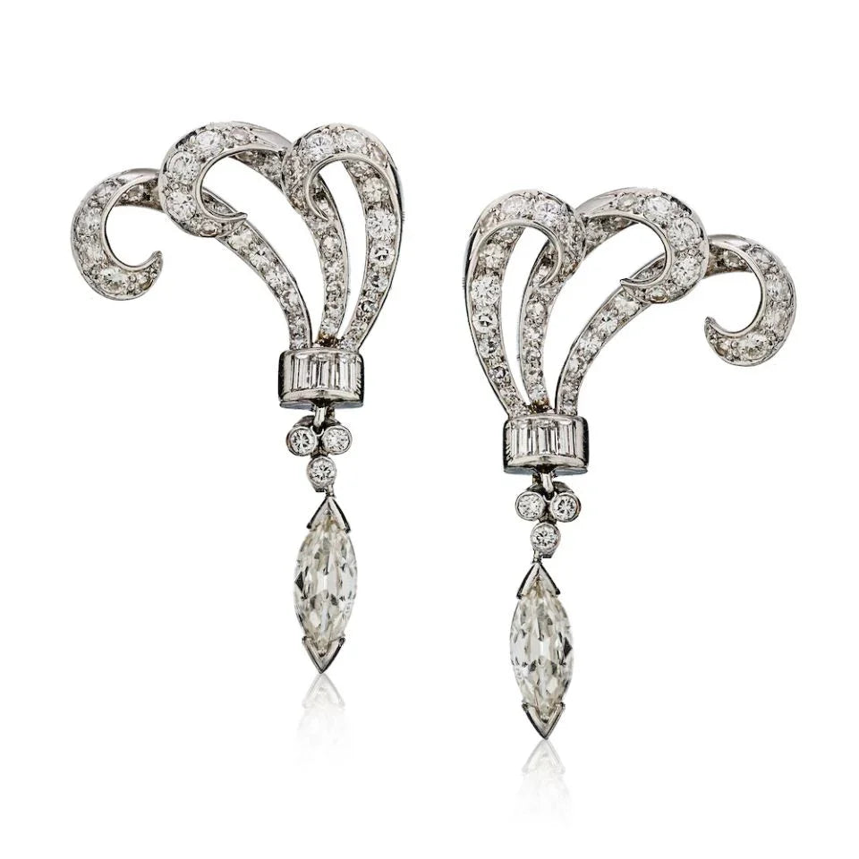 Platinum Art Deco Delicate Filigree 6 carat Diamond Earrings - The Back Vault