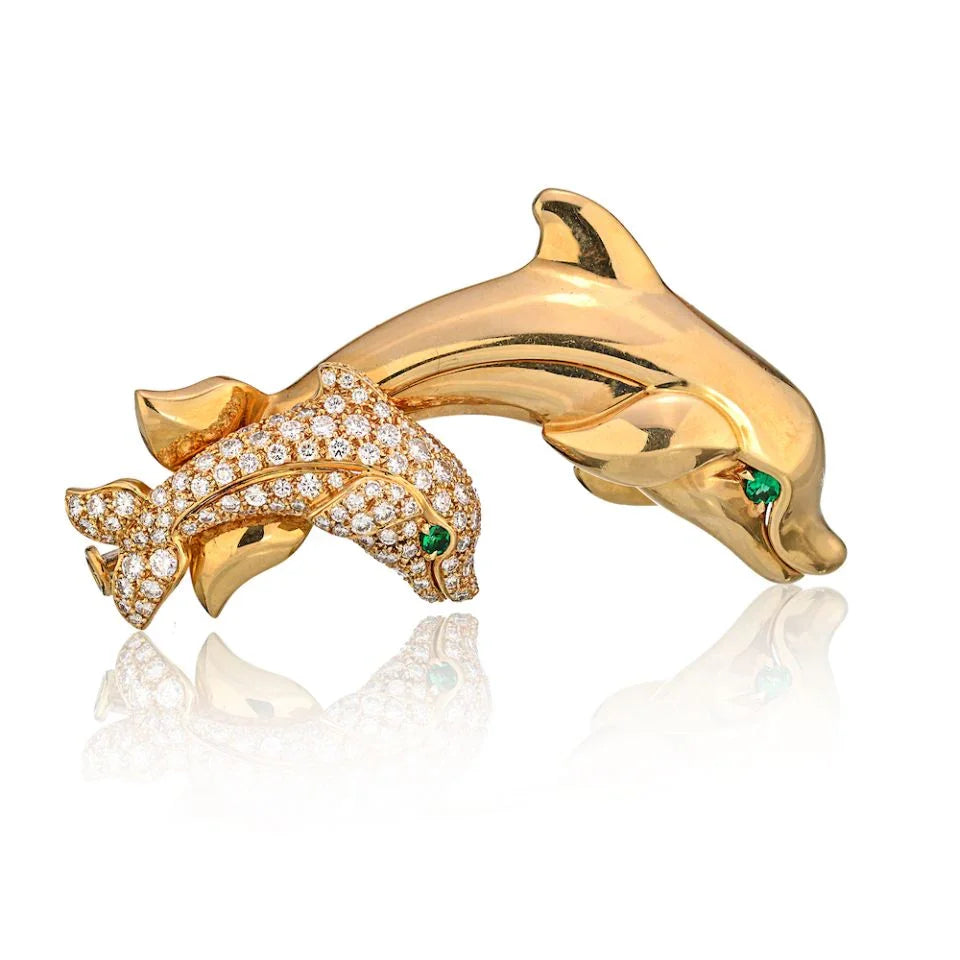 Cartier French 18K Yellow Gold Diamond Dolphins with Emerald Eyes Brooch - The Back Vault