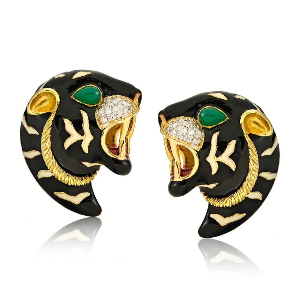 Panthere 18K Yellow Gold 1970's Roberto Legnazzi Diamond & Enamel Earrings - The Back Vault