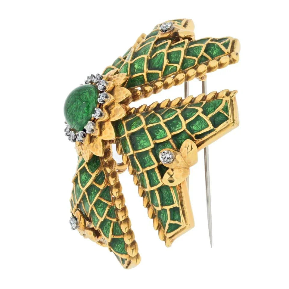 David Webb Maltese Cr 18K Yellow Gold Large Diamond and Green Enamel Pendant - The Back Vault