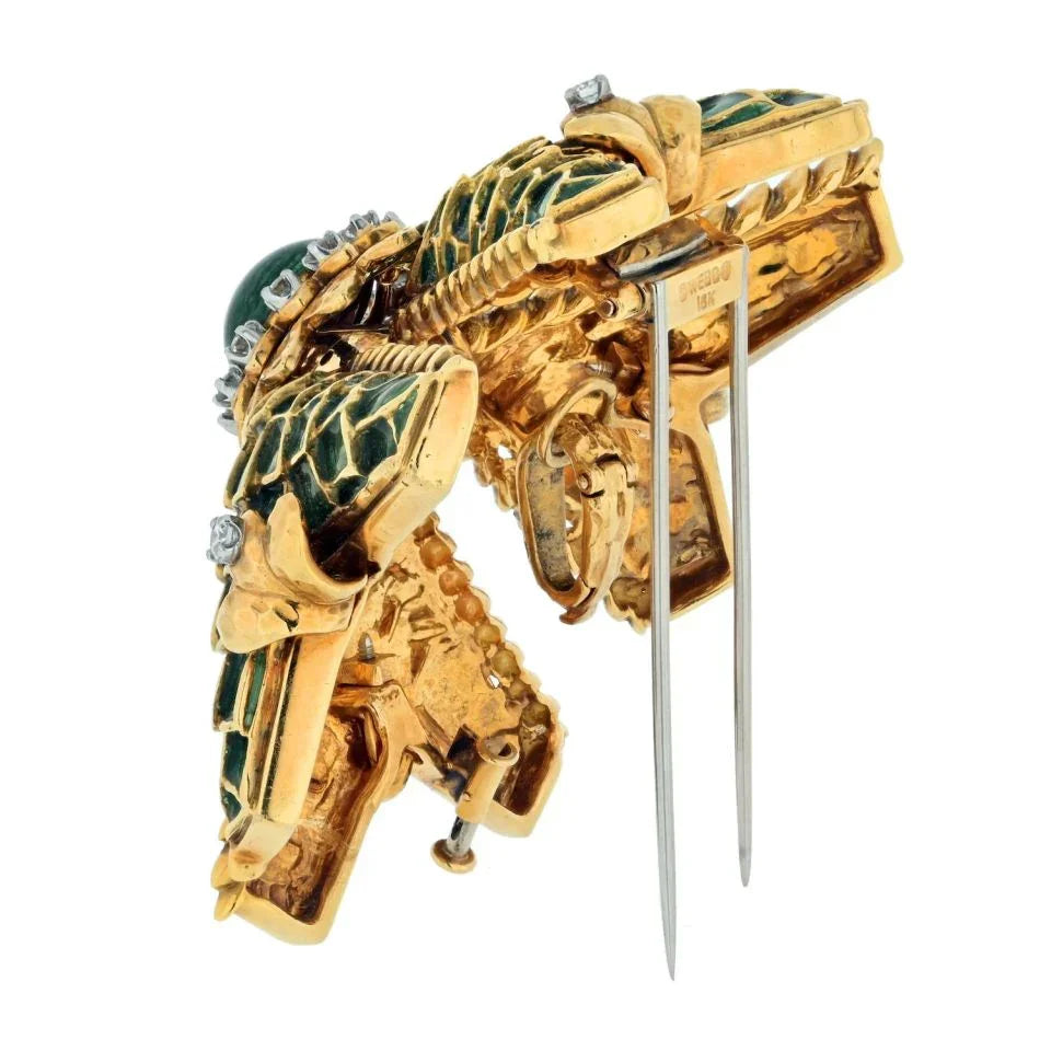 David Webb Maltese Cr 18K Yellow Gold Large Diamond and Green Enamel Pendant - The Back Vault