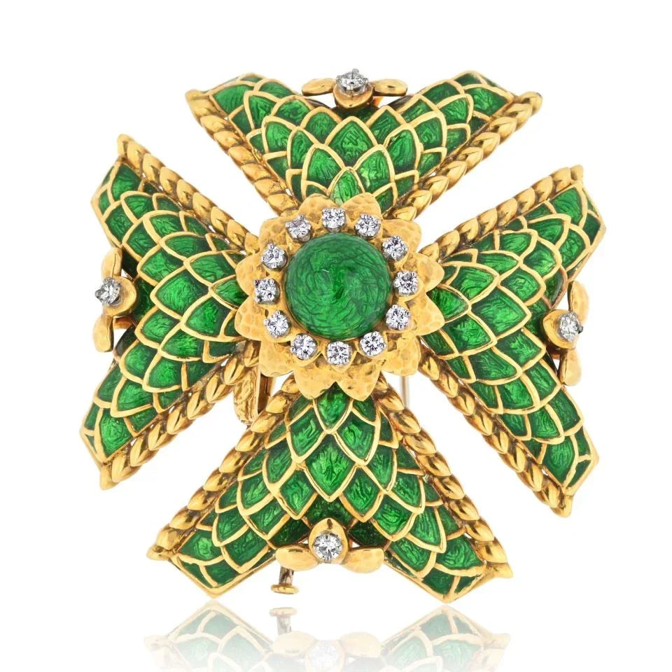 David Webb Maltese Cr 18K Yellow Gold Large Diamond and Green Enamel Pendant - The Back Vault