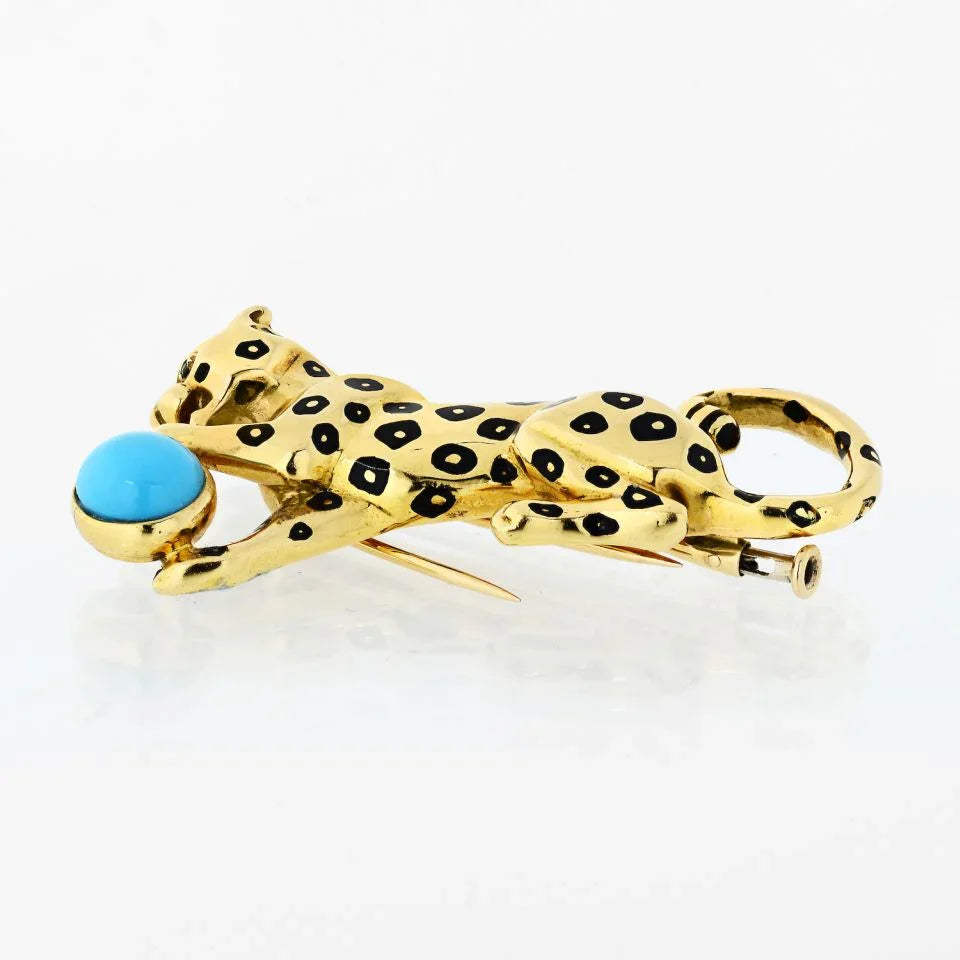Cartier Panthere 18K Yellow Gold Panther with Turquoise Ball Brooch - The Back Vault