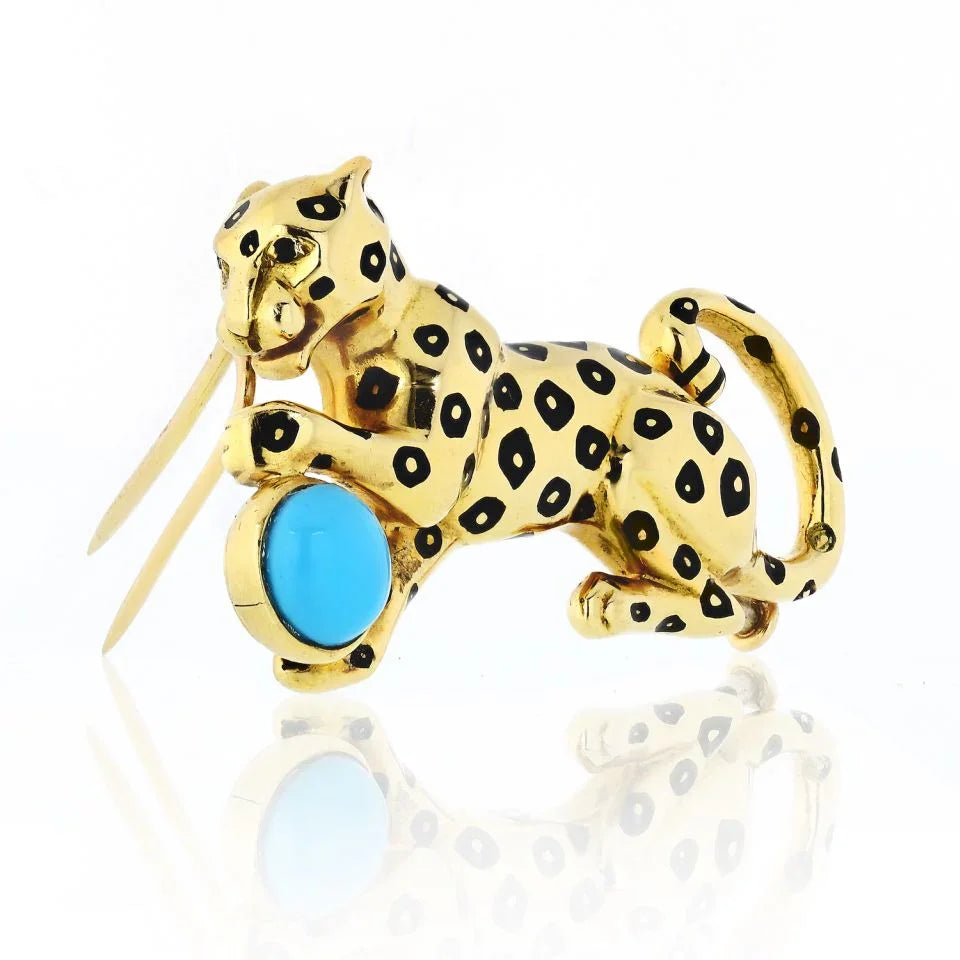Cartier Panthere 18K Yellow Gold Panther with Turquoise Ball Brooch - The Back Vault