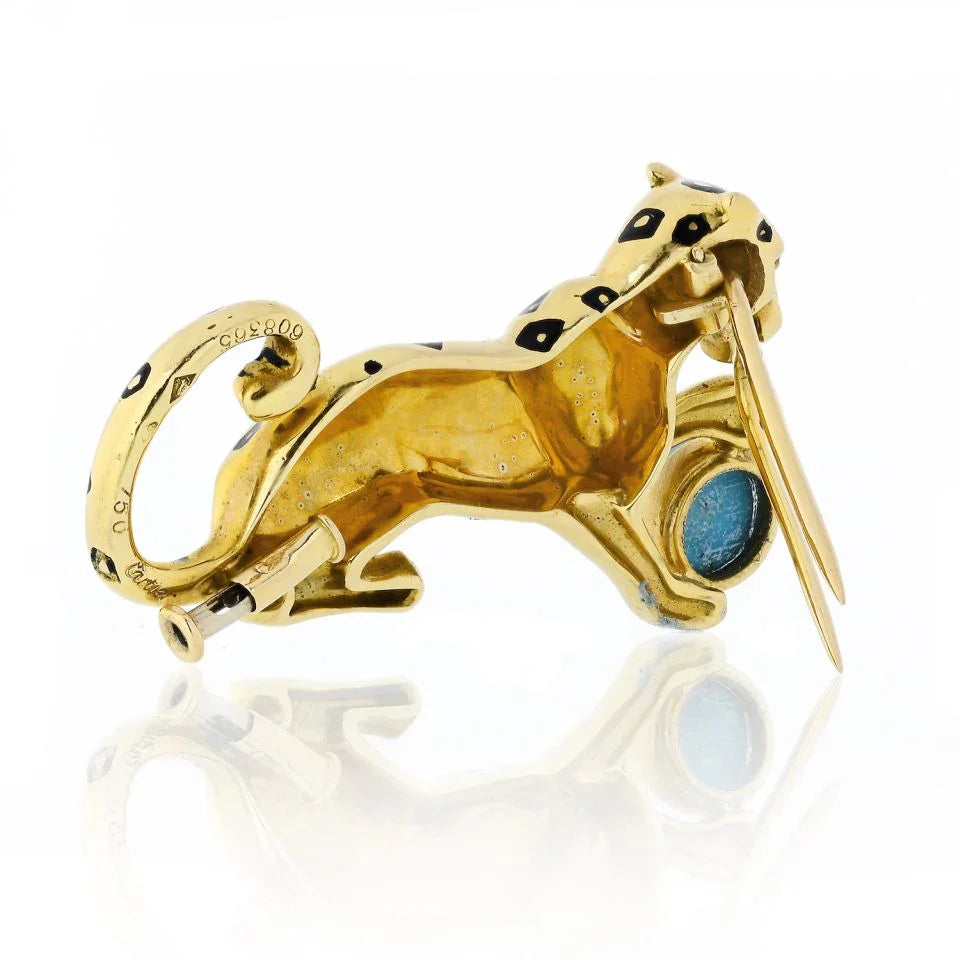 Cartier Panthere 18K Yellow Gold Panther with Turquoise Ball Brooch - The Back Vault