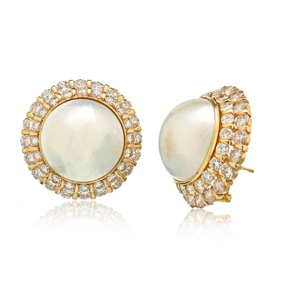 14K Yellow Gold Mabe Pearl and Diamonds Earrings - The Back Vault