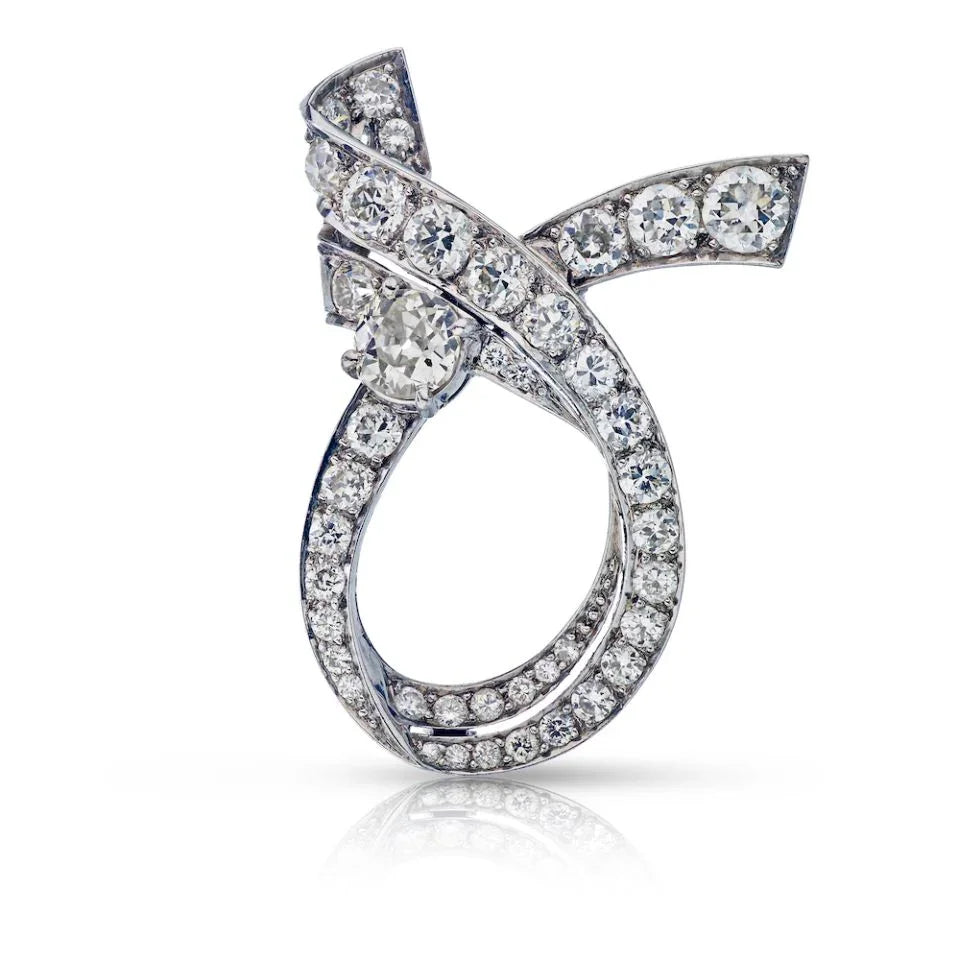 Platinum 5.00 carat Old-European Cut Diamond Ribbon Brooch - The Back Vault