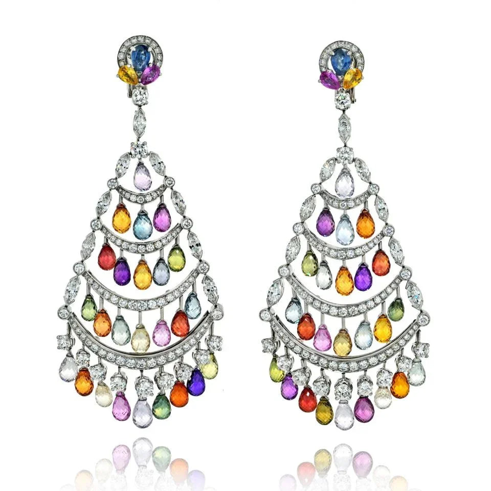 Graff 18K White Gold Multicolor Sapphire & Diamond Chandelier Earrings - The Back Vault
