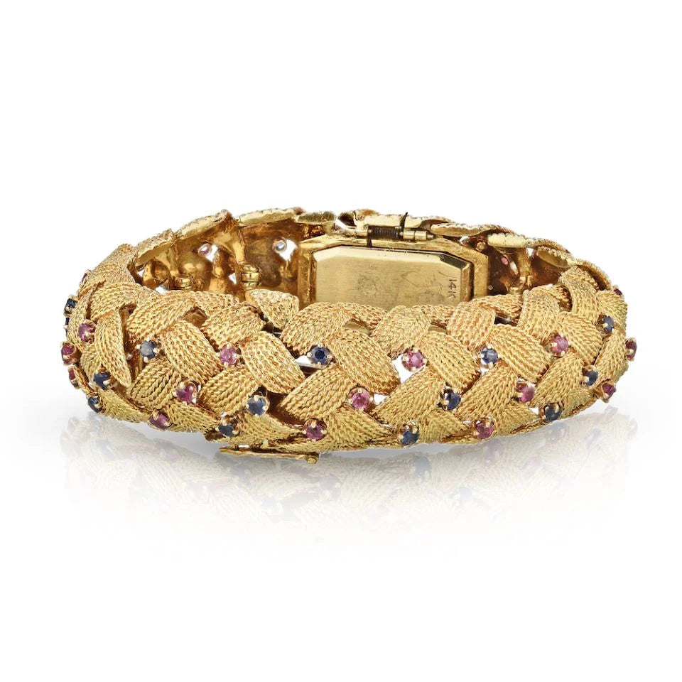 David Webb Circa 1970's 18K Yellow Gold Sapphies and Rubies Styled Watch Bracelet - The Back Vault