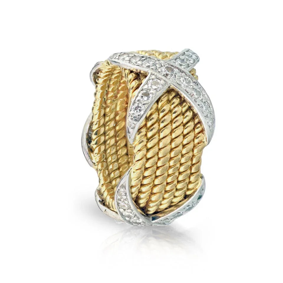 Tiffany & Co. Schlumberger Platinum & 18K Yellow Gold Six Row Rope Diamond X Wedding Band - The Back Vault