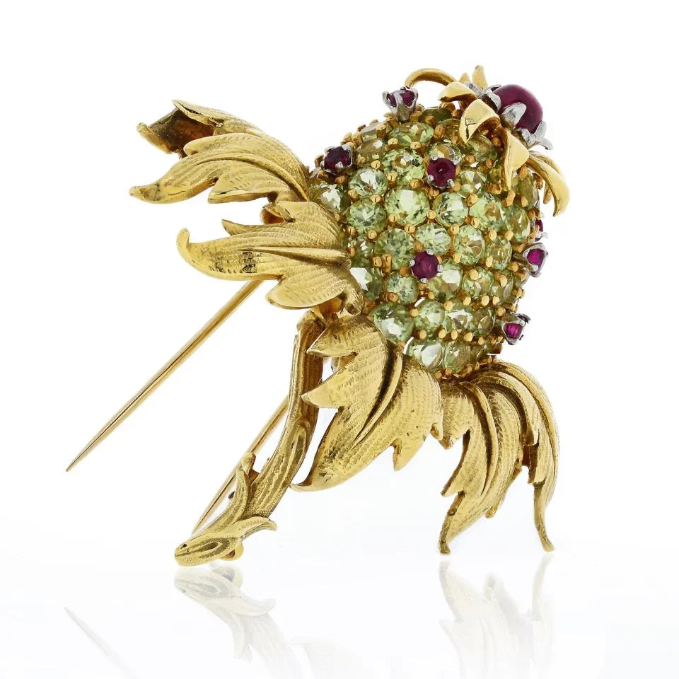 Tiffany & Co. Schlumberger 18K Yellow Gold Peridot and Ruby 'Thistle' Clip Brooch - The Back Vault
