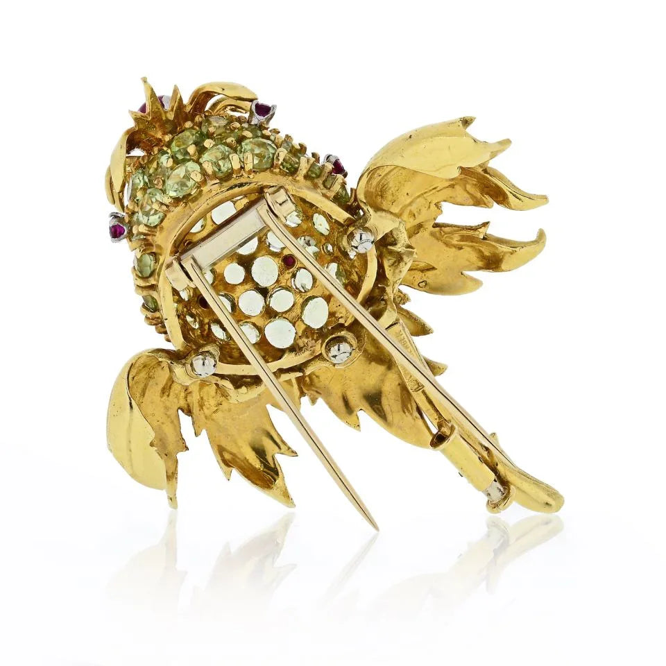 Tiffany & Co. Schlumberger 18K Yellow Gold Peridot and Ruby 'Thistle' Clip Brooch - The Back Vault