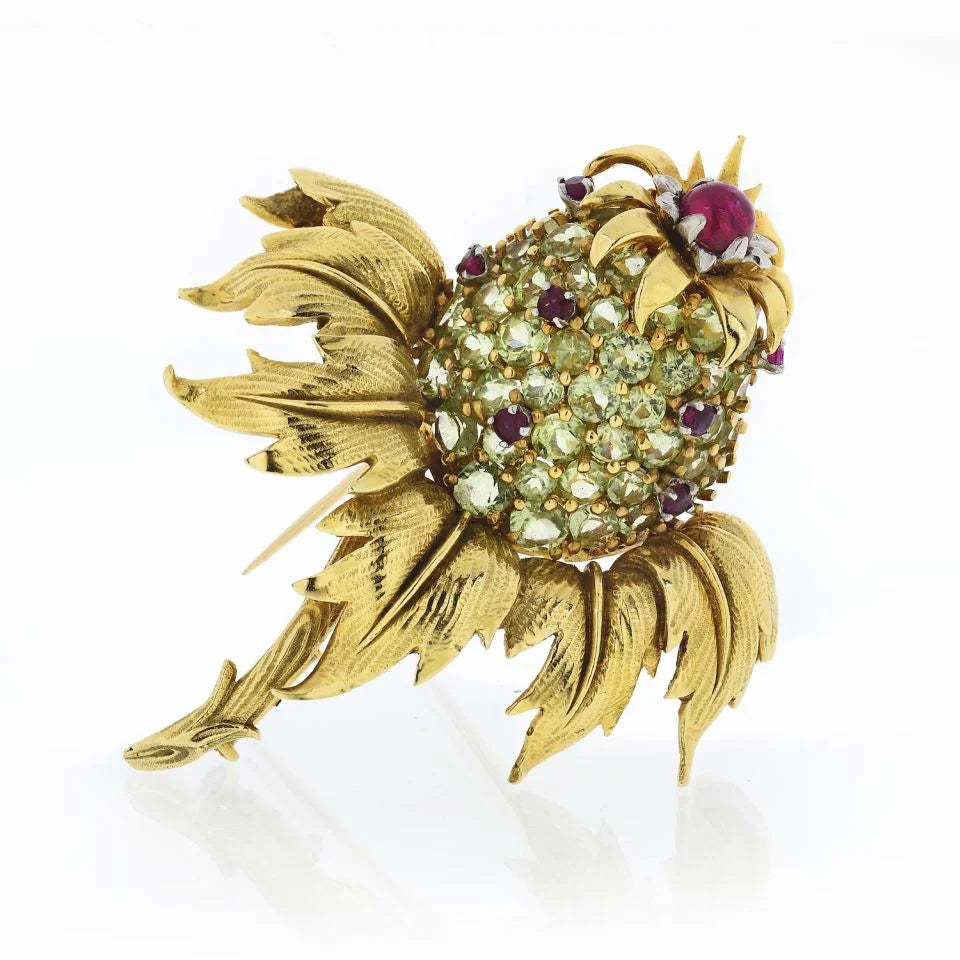 Tiffany & Co. Schlumberger 18K Yellow Gold Peridot and Ruby 'Thistle' Clip Brooch - The Back Vault