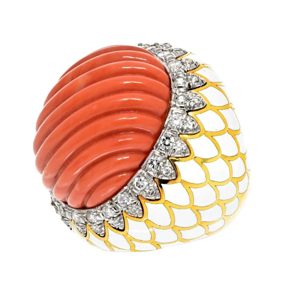 David Webb Platinum & 18K Yellow Gold Large Fluted Coral, White Enamel, Diamond Ring - The Back Vault