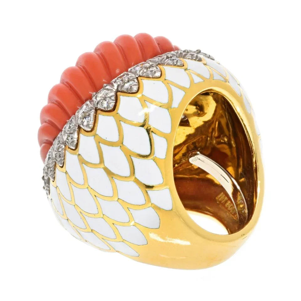 David Webb Platinum & 18K Yellow Gold Large Fluted Coral, White Enamel, Diamond Ring - The Back Vault