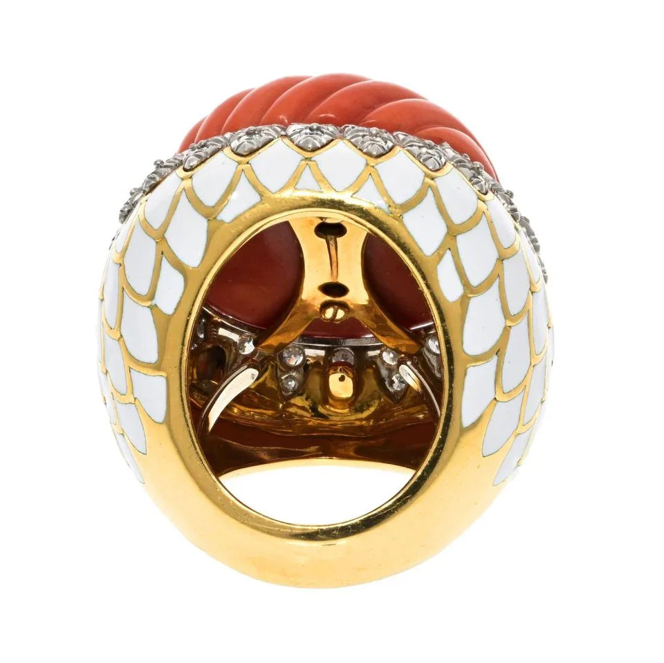 David Webb Platinum & 18K Yellow Gold Large Fluted Coral, White Enamel, Diamond Ring - The Back Vault